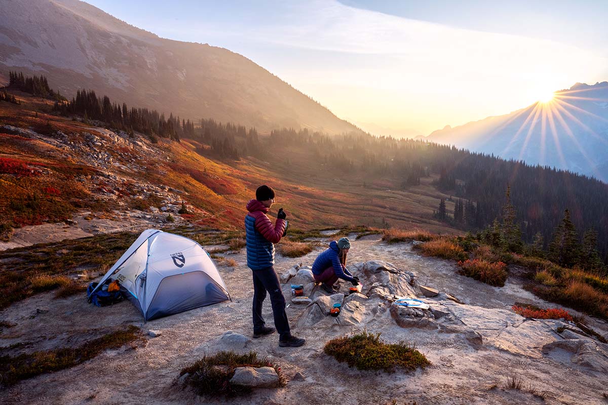 Eating breakfast in camp at sunrise (backpacking meals)