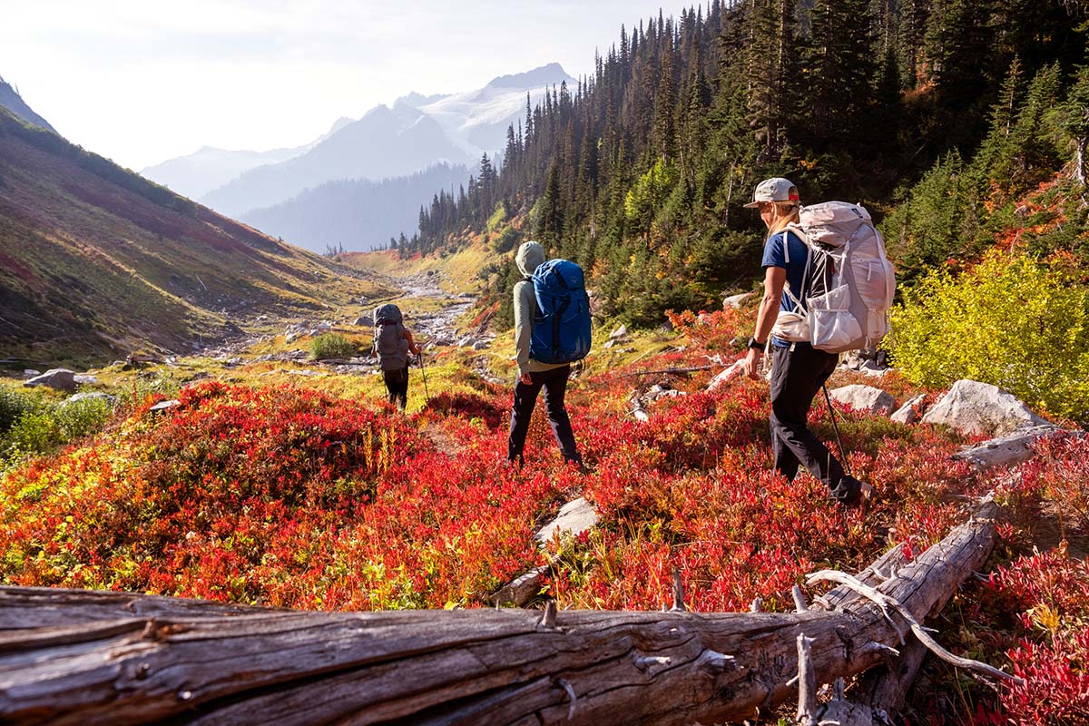 Backpacking through valley in fall colors