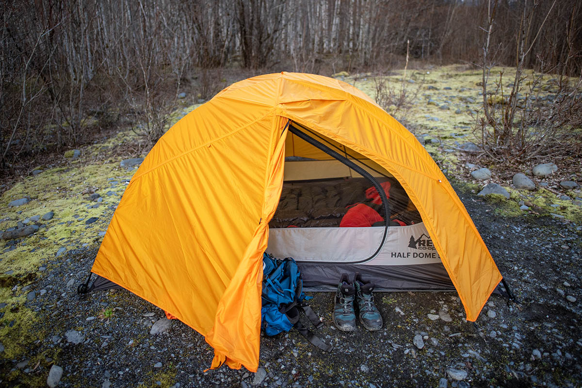 REI Half Dome SL 2%2B backpacking tent (rainfly on with vestibule open)