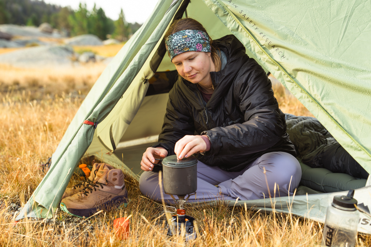 Budget backpacking tent (cooking in vestibule)