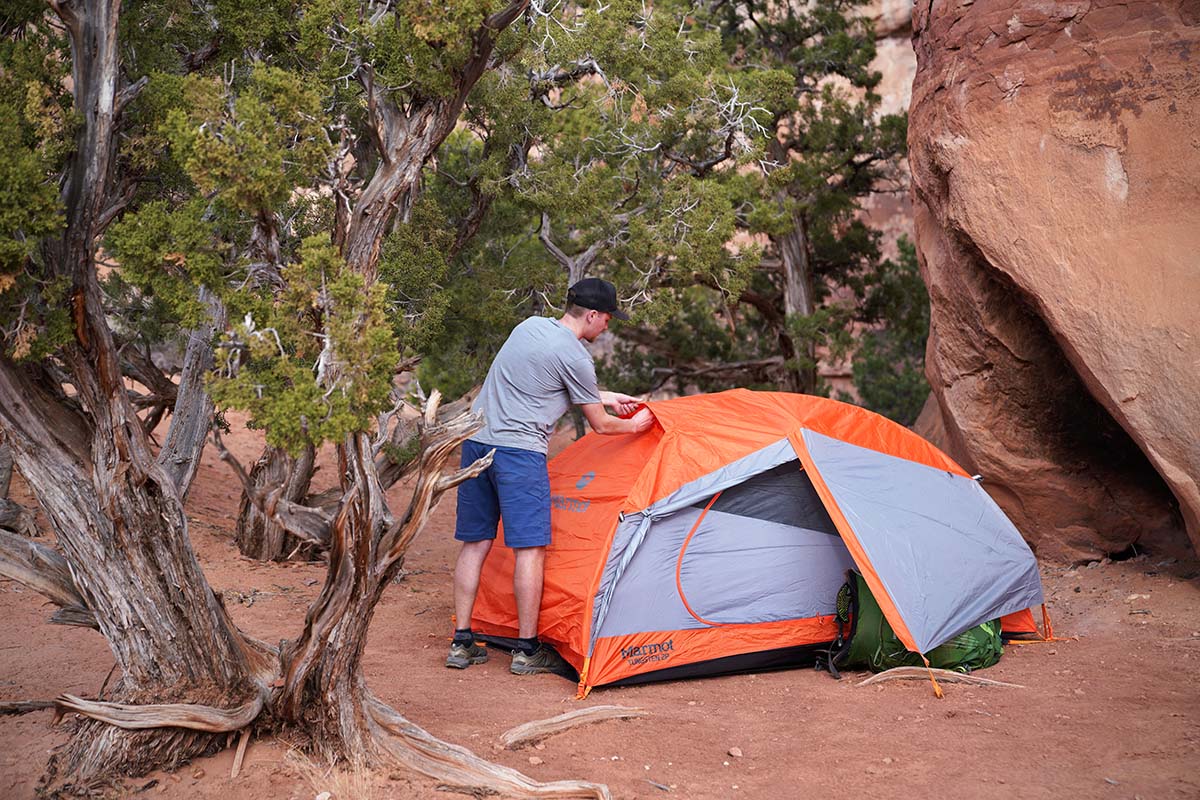 Marmot Tungsten backpacking tent (adjusting vent on rainfly)