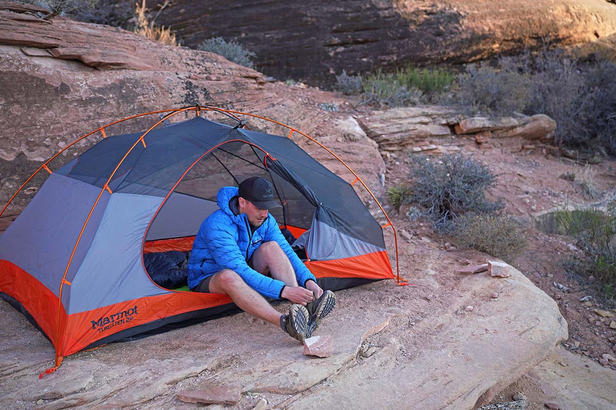 Marmot Tungsten backpacking tent (lacing up shoes)