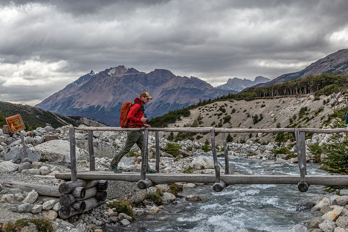 Daypack (REI Co-op Traverse 32 crossing bridge in Patagonia)