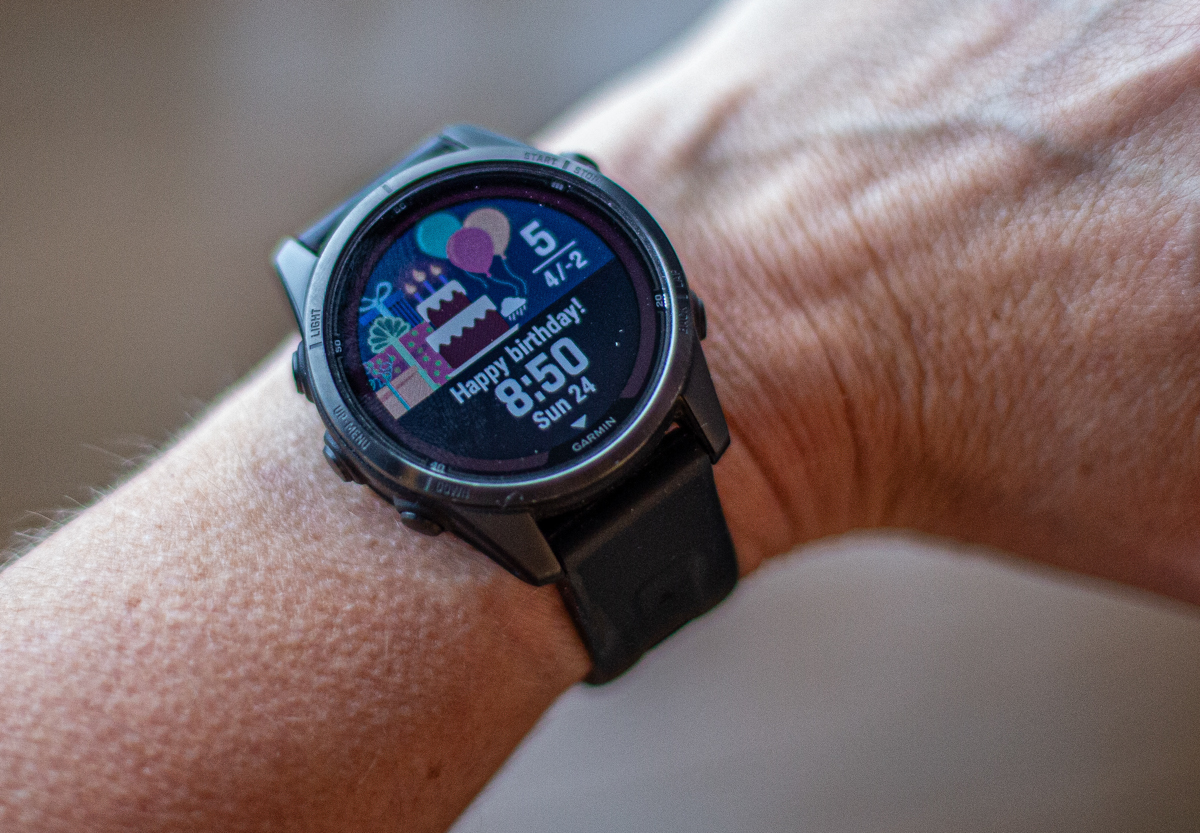 Happy birthday message on Garmin Fenix 7 Pro fitness watch