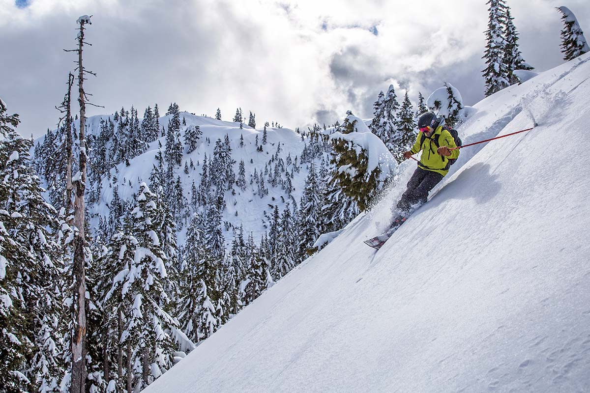 Backcountry skiing in the Arc'teryx Alpha SV hardshell jacket