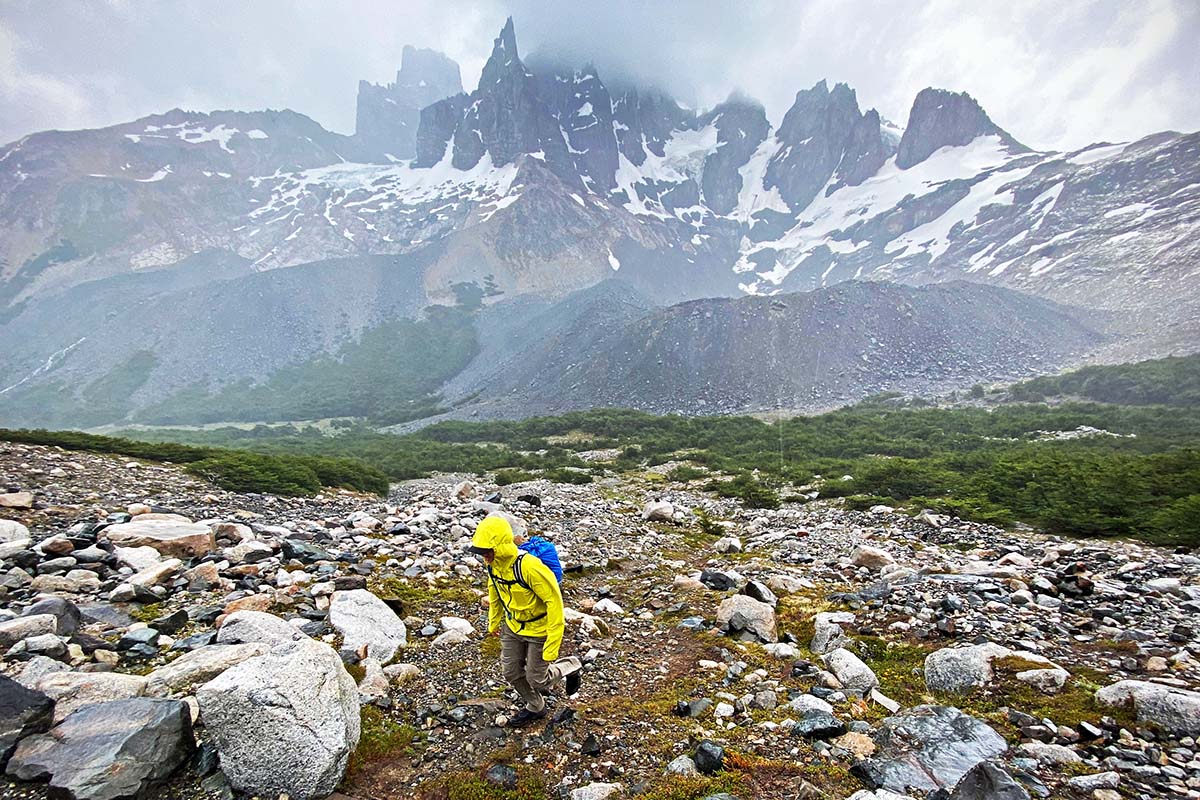 Outdoor Research Microgravity hardshell jacket (trekking up steep valley in Patagonia)
