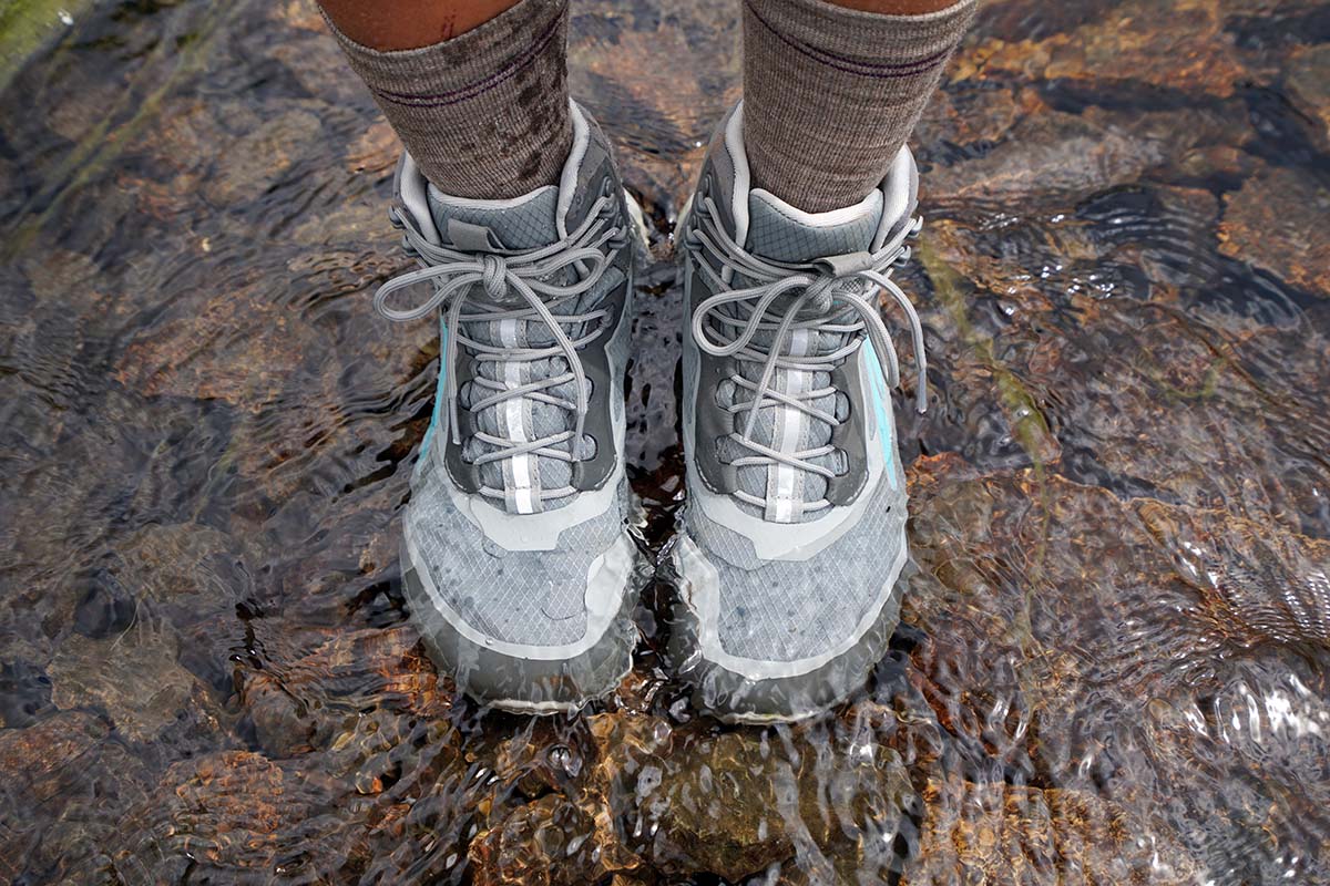 Altra Lone Peak ALL WTHR Mid hiking boot eVent waterproofing (in stream)