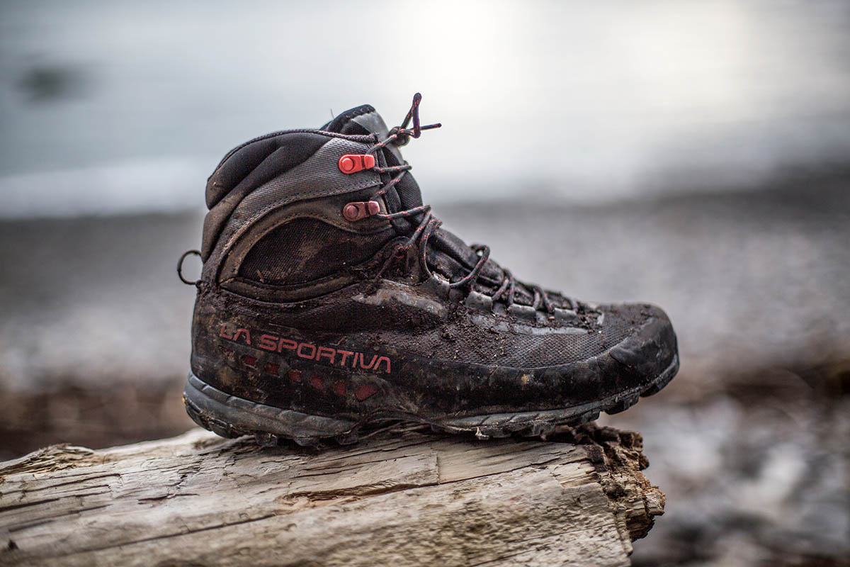 Hiking Boot (La Sportiva TXS covered in sand and mud)