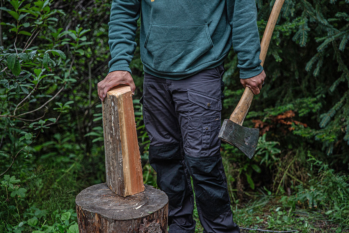 Hiking pants (cutting wood in Fjallraven Vidda Pro)