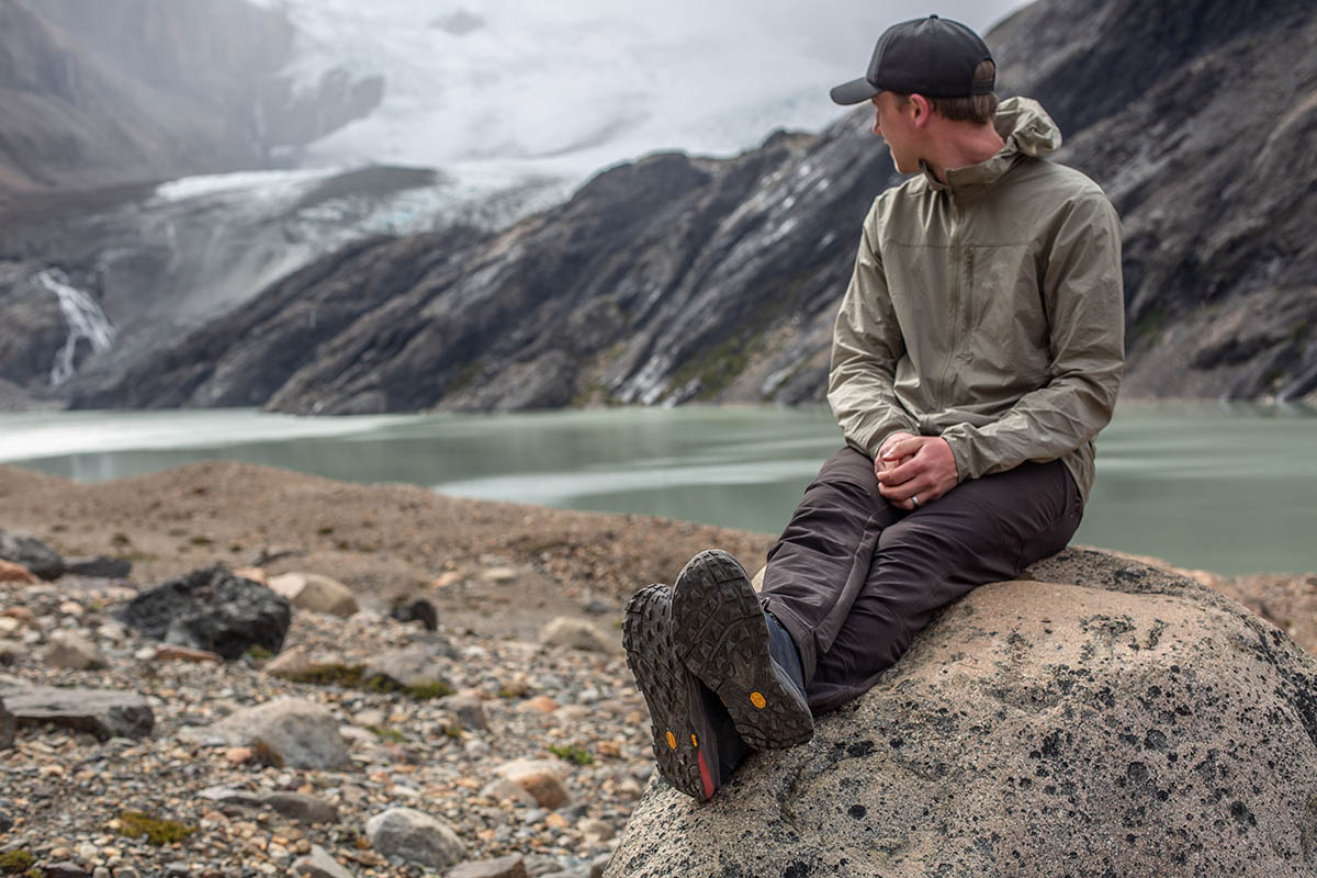 Hiking pants (sitting on rock in the Patagonia Altvia Trail pants)