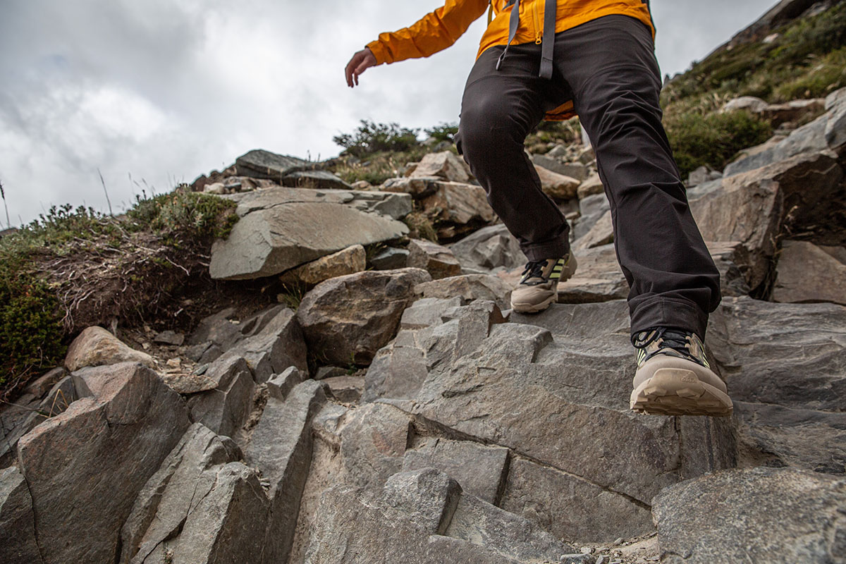 Hiking shoe (Adidas Terrex Swift R3 GTX hiking over rocks)