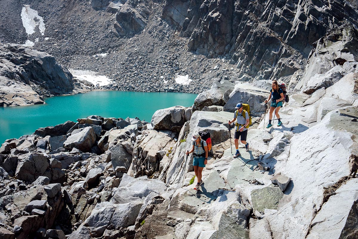 Hiking shoes (group hiking above alpine lake)