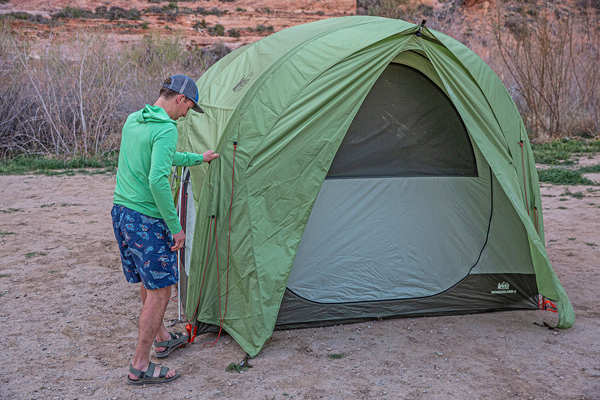 Hiking shorts (pitching REI tent in Patagonia Baggies)