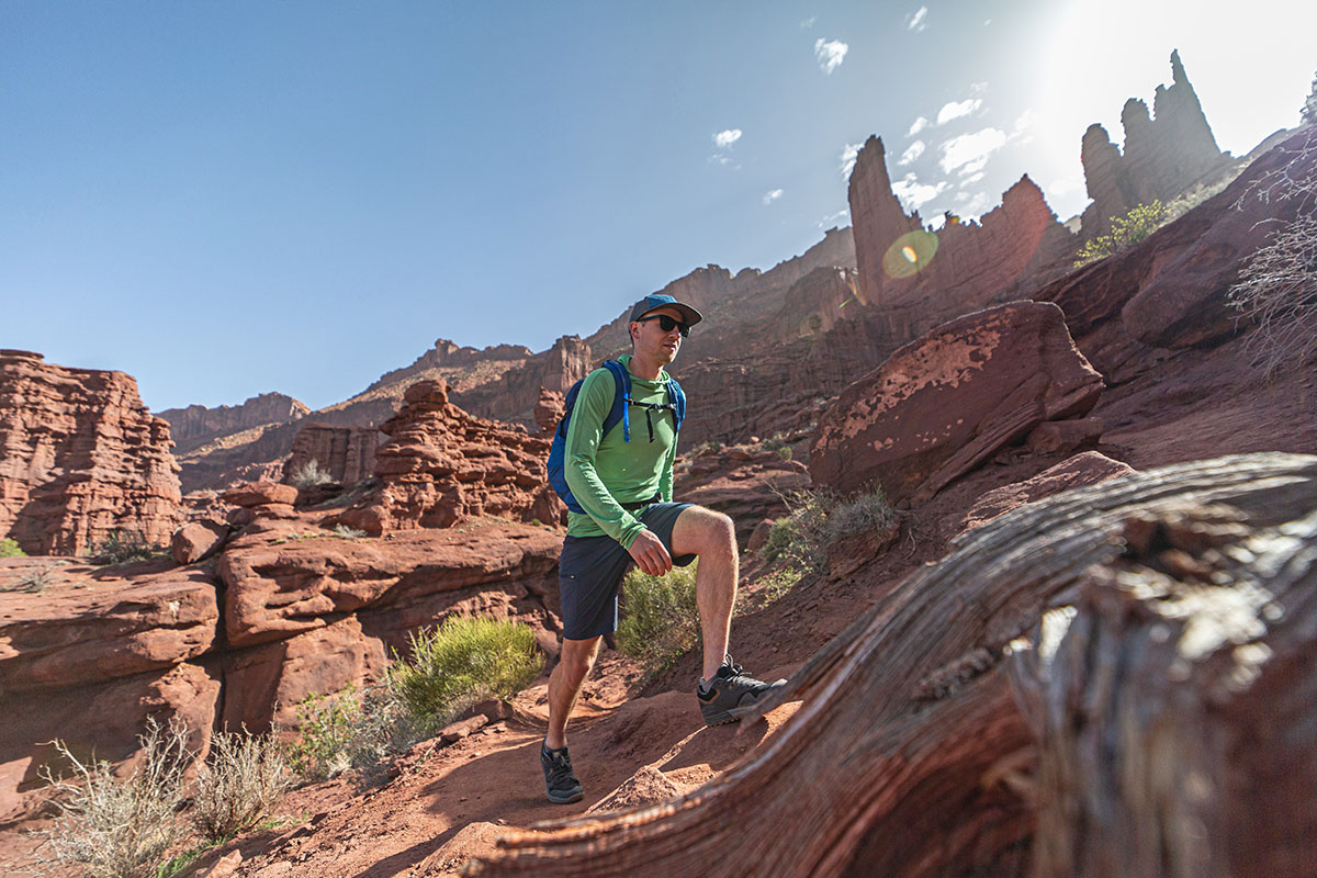 Hiking shorts (stepping up onto rock in Outdoor Research Ferrosi Shorts)