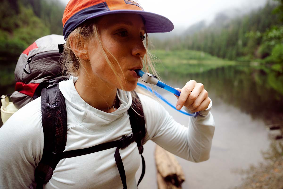 Drinking from hydration reservoir_