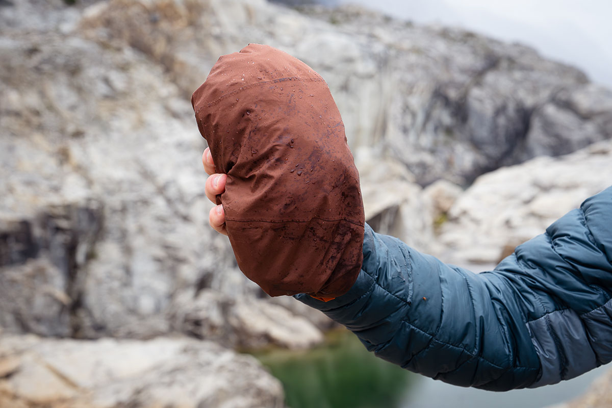 Rain jacket (Outdoor Research Foray II packed down)