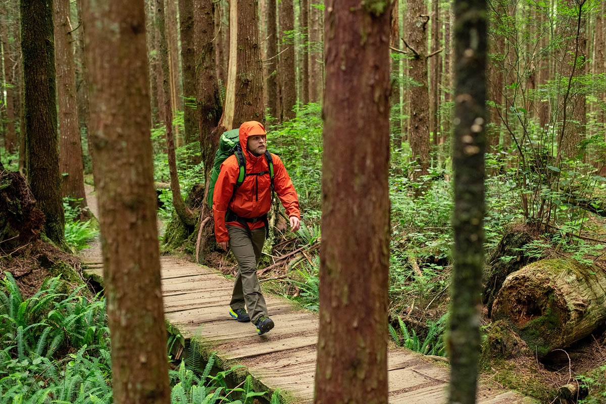 Rain jacket (REI Co-op Rainier hiking in forest)