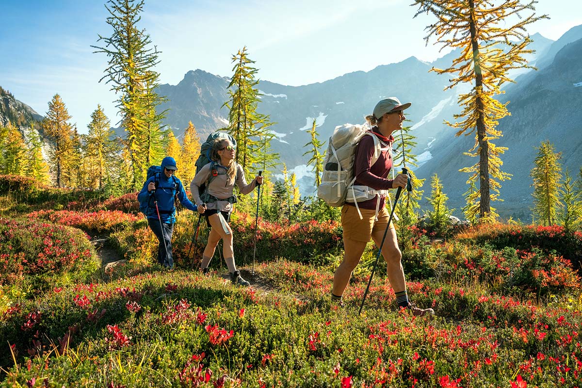 Group hiking in sun shirts (fall colors)