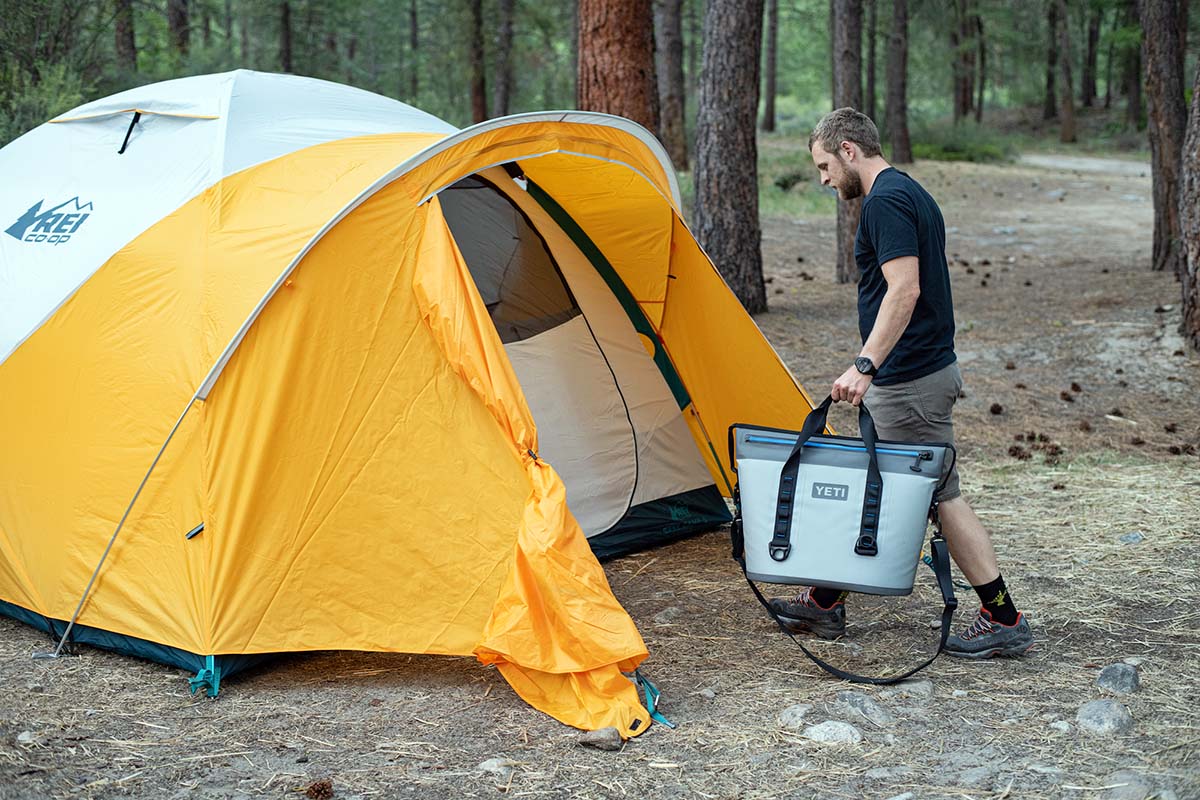 Camping tent (REI Co-op Base Camp 6 at camp)