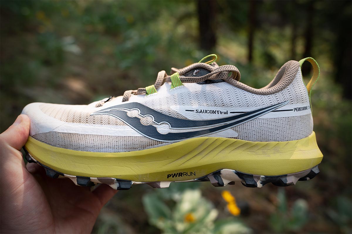 Trail running shoes (Saucony PWRrun midsole detail)