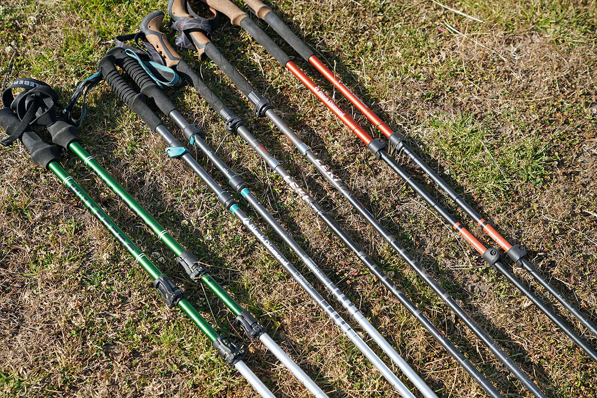 Trekking poles (four pairs on ground)