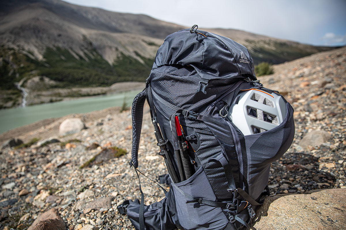 Trekking poles (strapped to outside of pack)