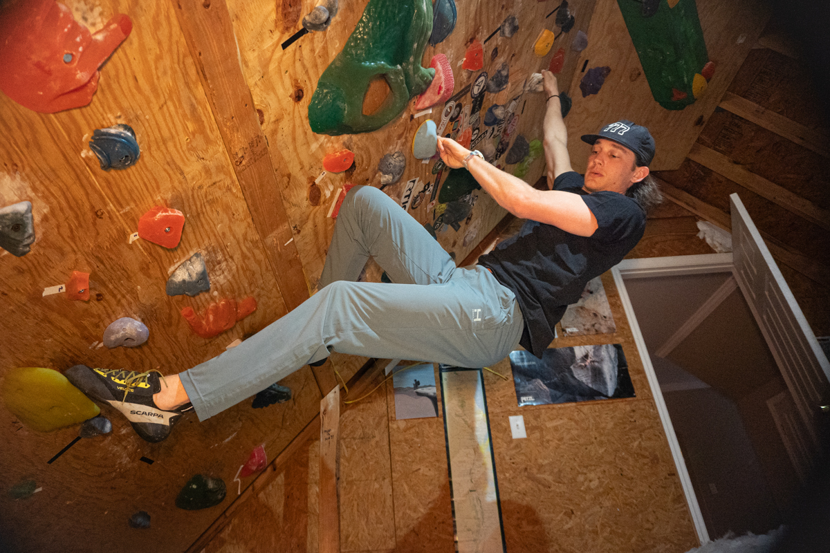 Men's Climbing Pants (climbing in our attic with the Himali Equilibrium Stretch Pants)