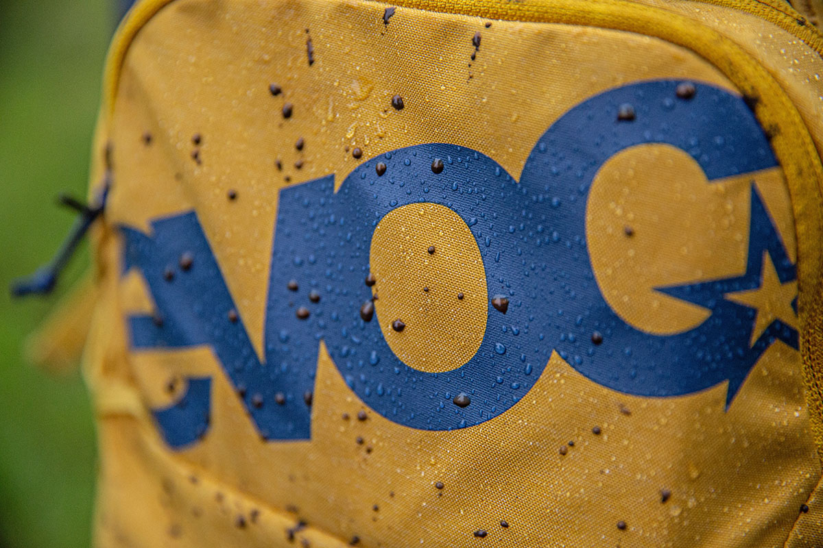 Mountain bike backpack (closeup of Evoc logo)
