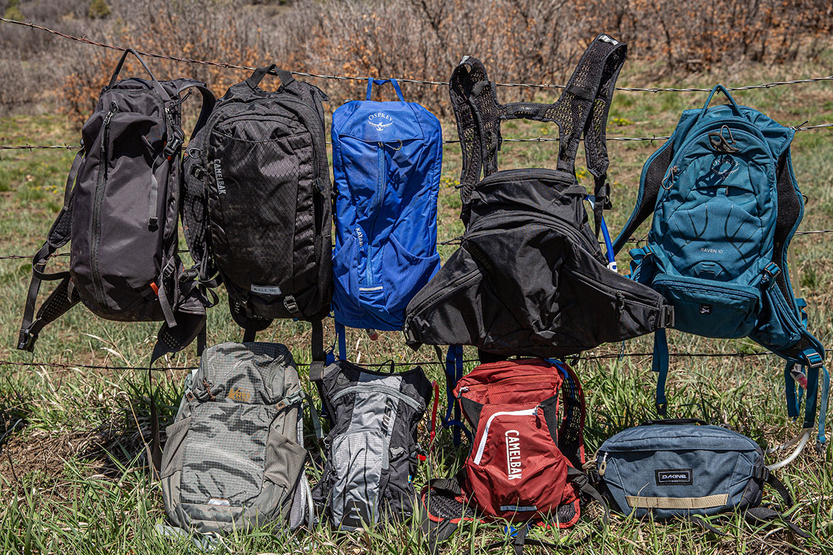 Mountain bike backpacks (lined up together)