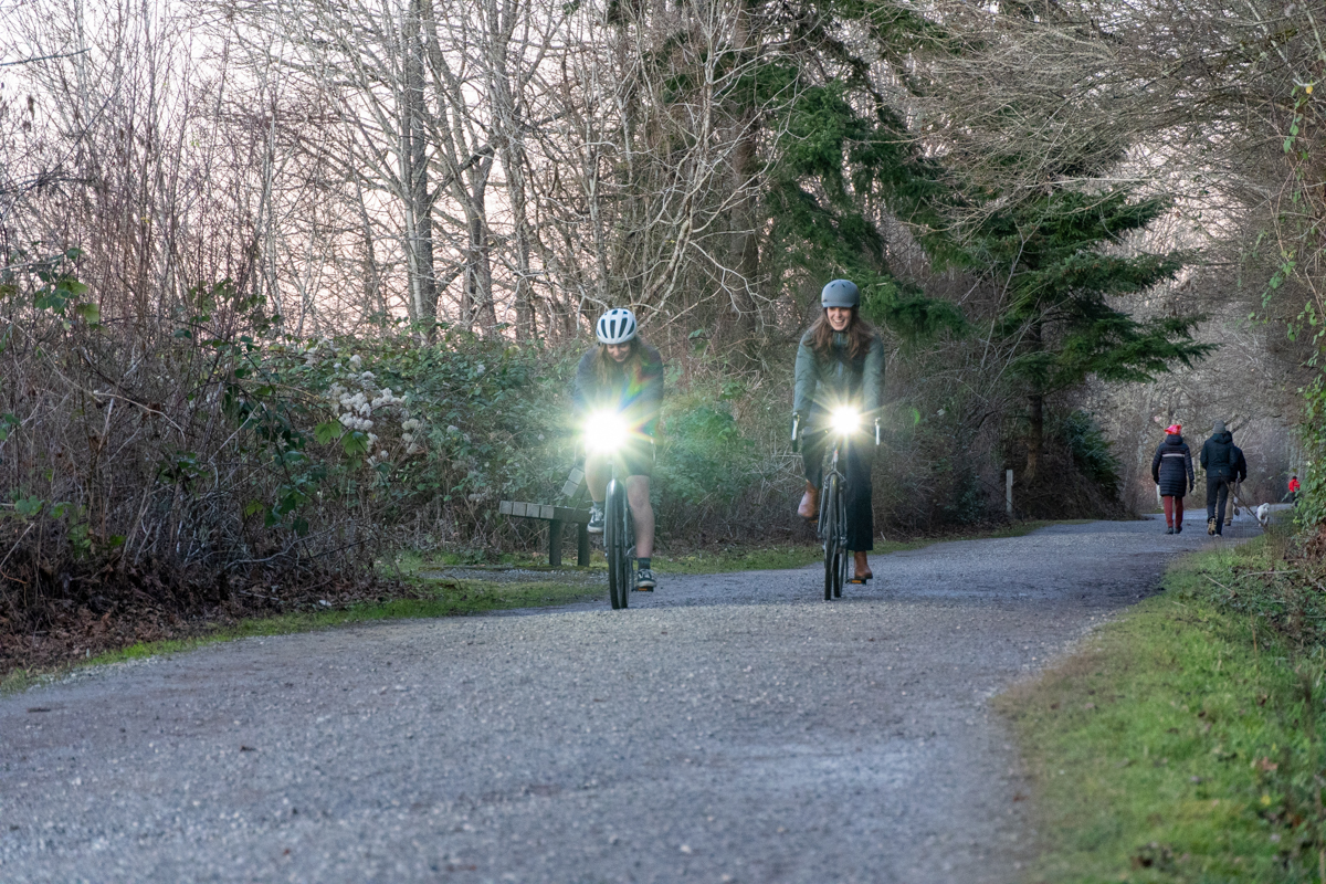 Bike lights (riding together down trail)