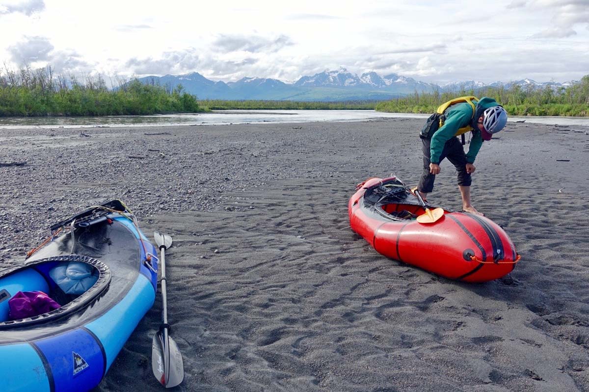 Alpacka Expedition packrafts on sandbar in the Alaska Range