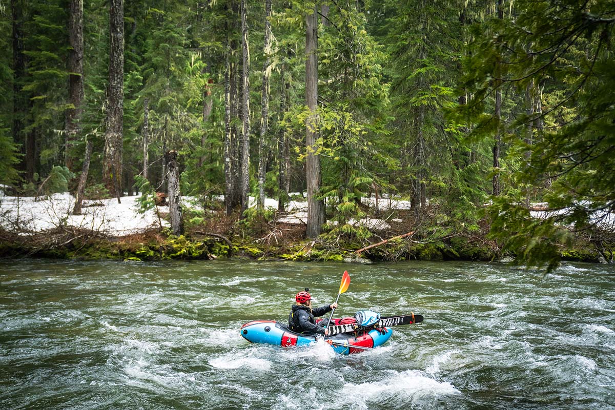 Whitewater packrafting (with skis)