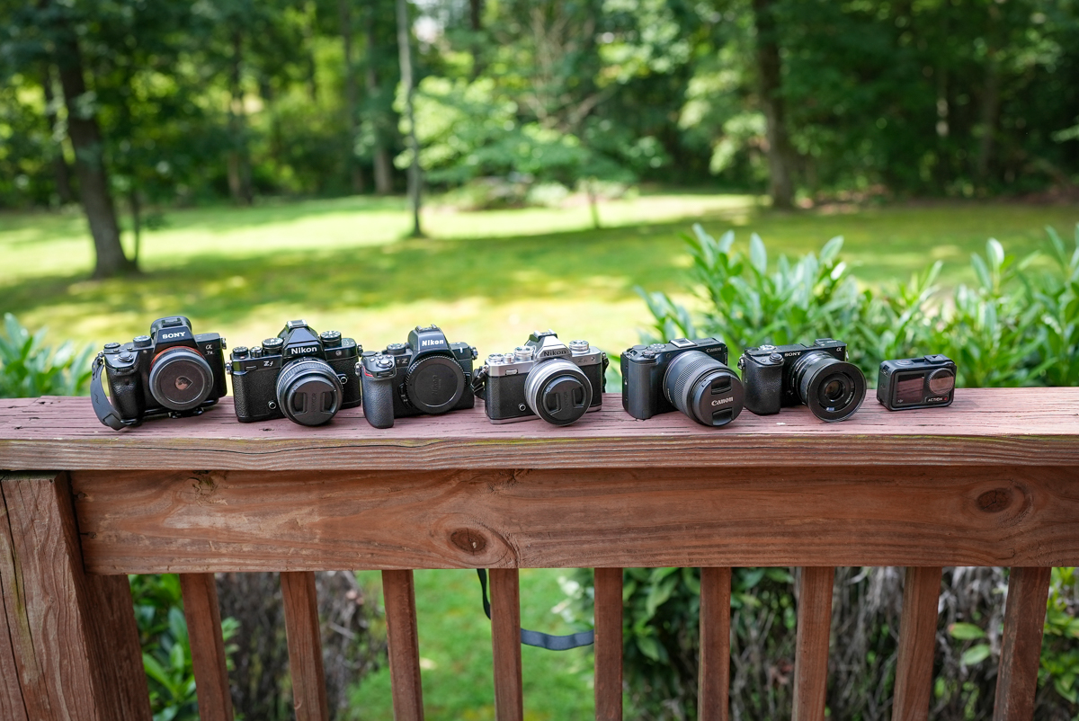 Several hiking and backpacking cameras lined up
