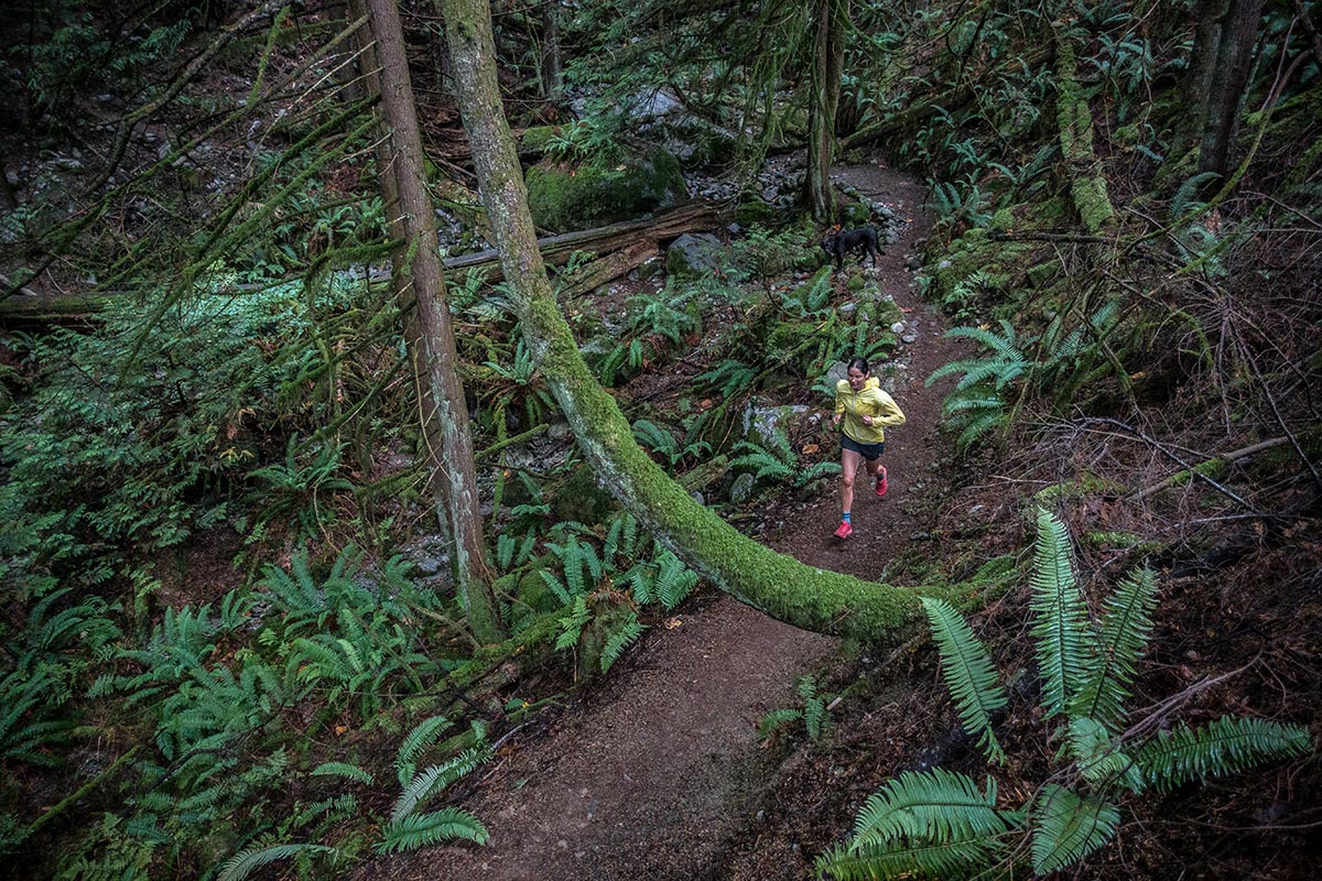 Trail running shoes (running through forest)