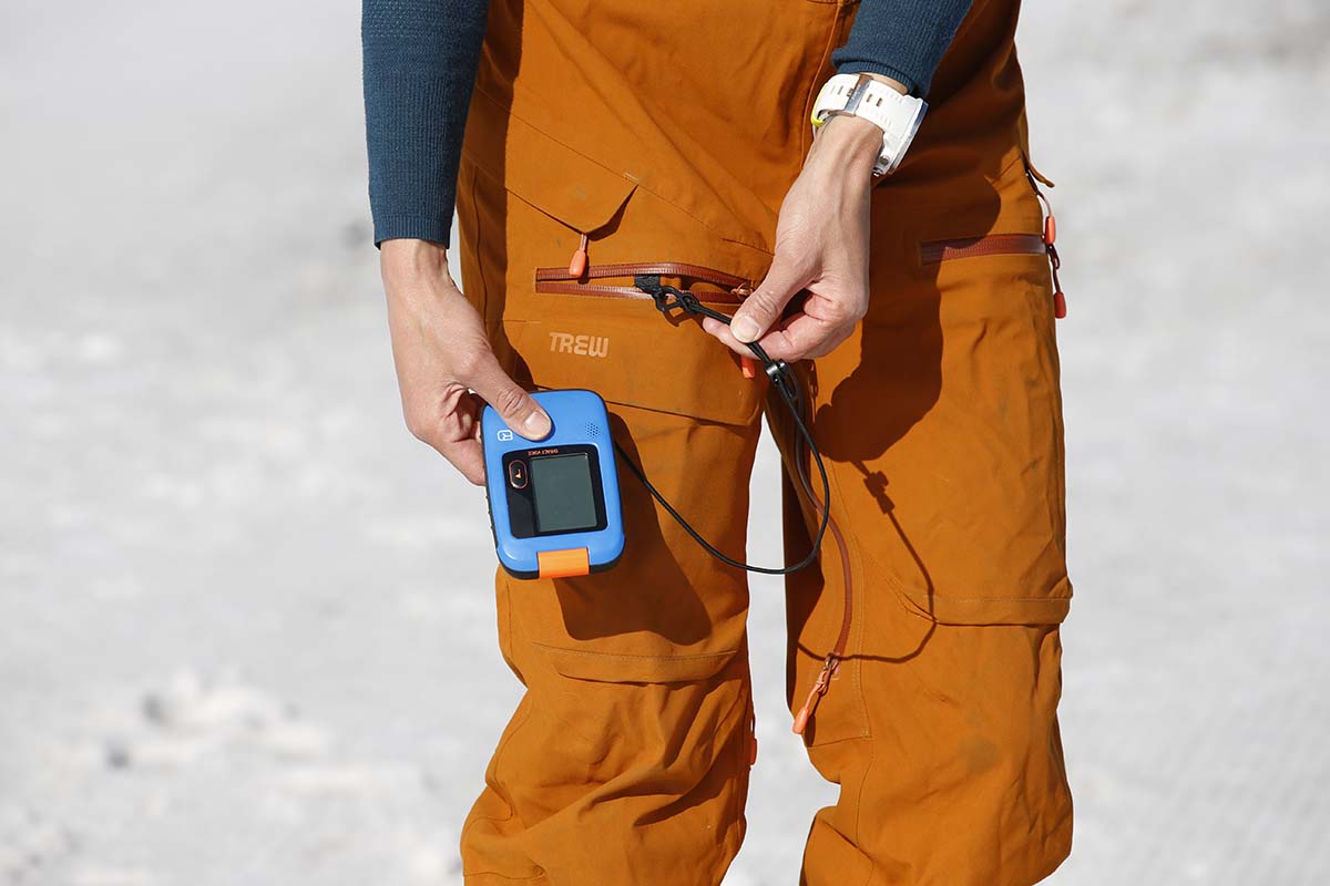 Avalanche beacon attached to pocket loop