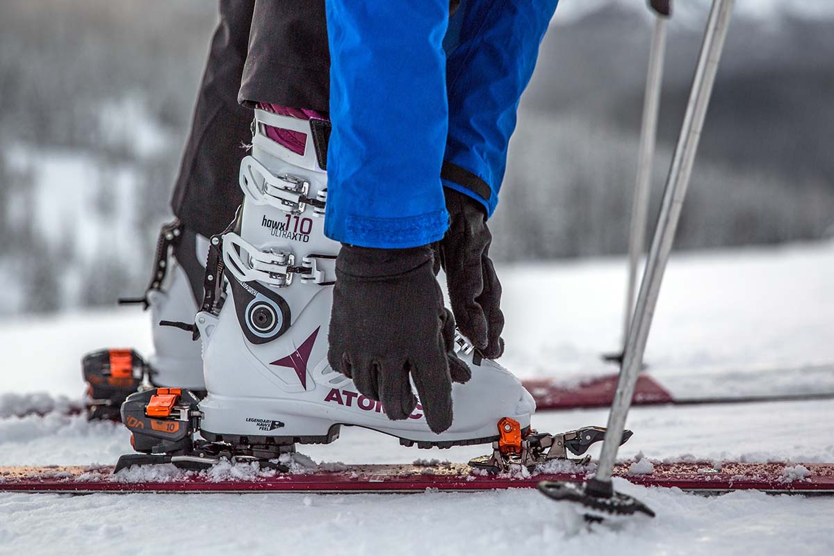 Boots locked into backcountry ski bindings (G3 Ion)