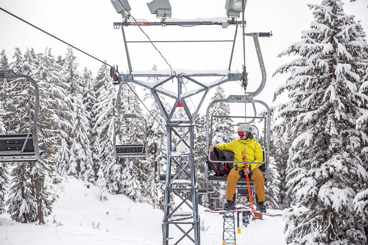 Riding a chairlift (resort skiing with a backcountry setup)