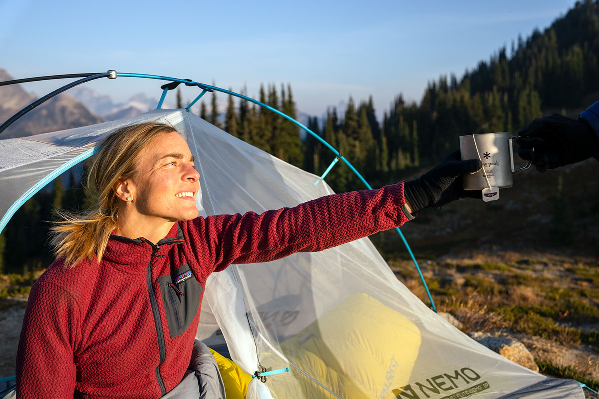 Baselayer (sitting in tent in Patagonia R1 Air)