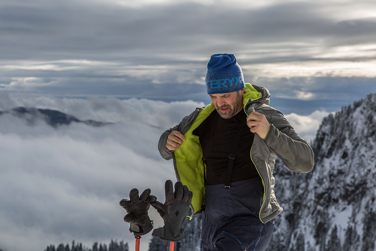 Layering a synthetic jacket over a baselayer while skiing