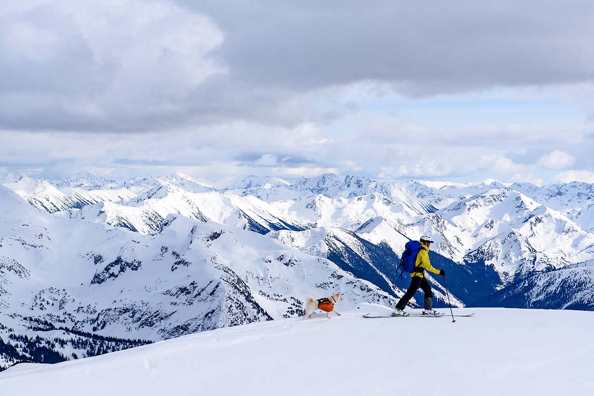 Backcountry skiing in Patagonia Pluma jacket and Strafe Cham pants