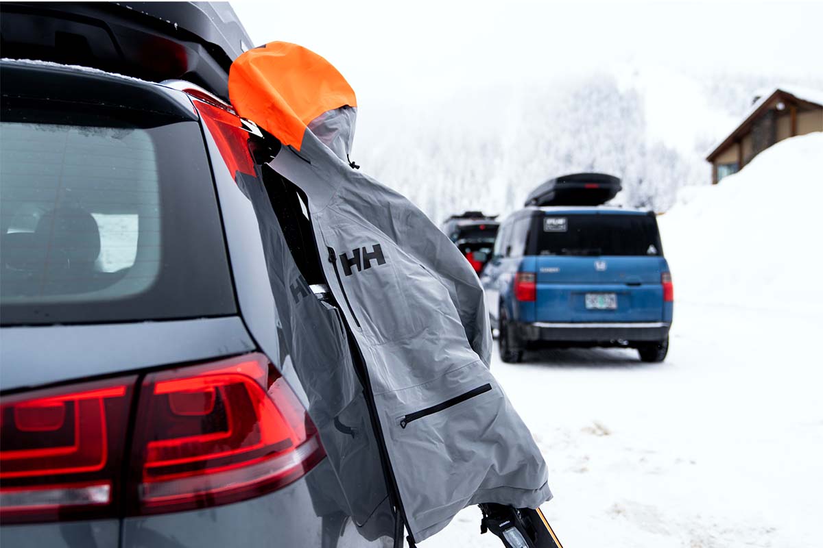 Ski apparel (Helly Hansen Alpha Jacket in parking lot)