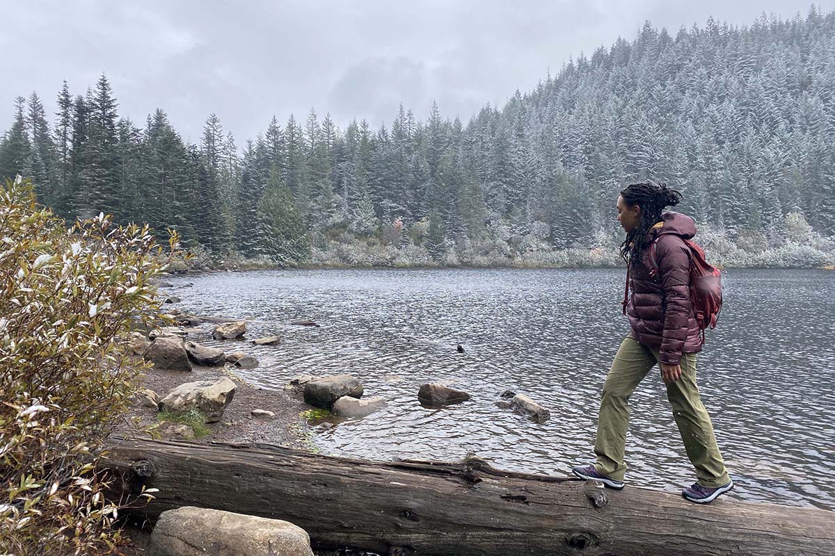 REI Co-op Stratocloud Hoodie Down Jacket (walking on log near lake)