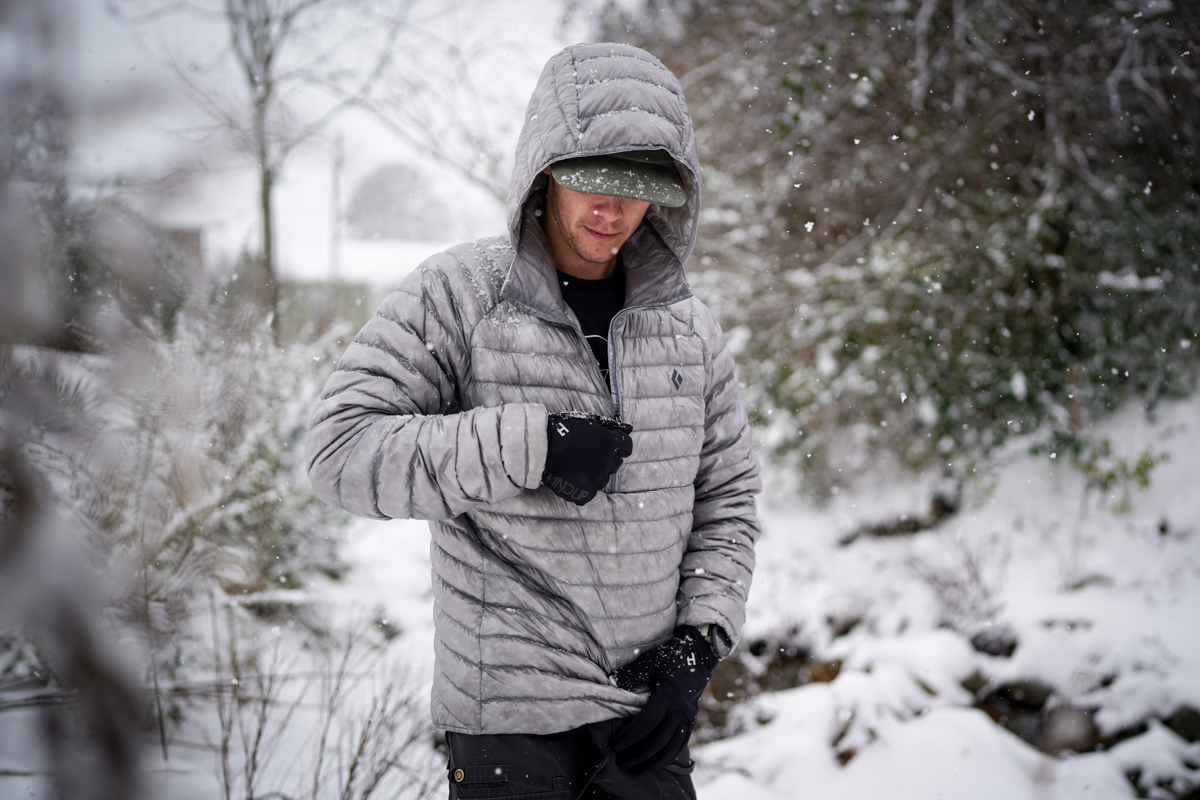 Testing the Black Diamond Deploy Down Jacket on a snowy day in TN