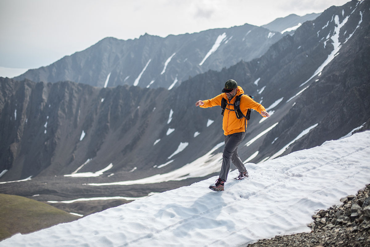 Fleece jacket (Patagonia R1 TechFace Hoody sliding down snow field)