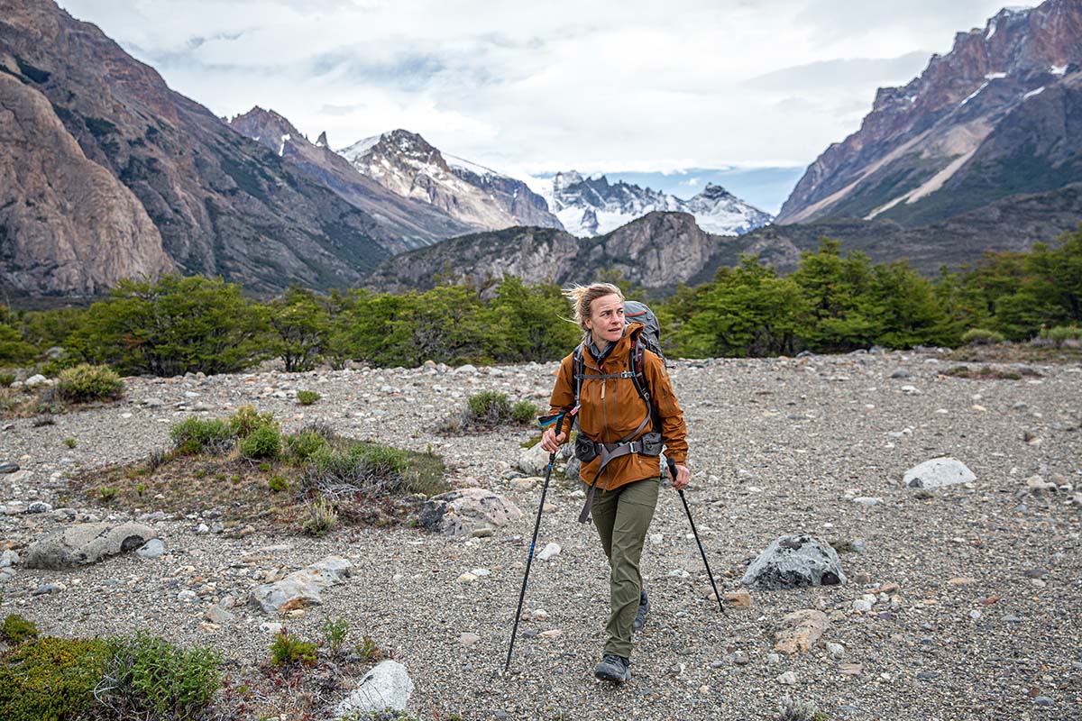 Hiking in Patagonia in the Fjallraven Keb Eco-Shell hardshell jacket