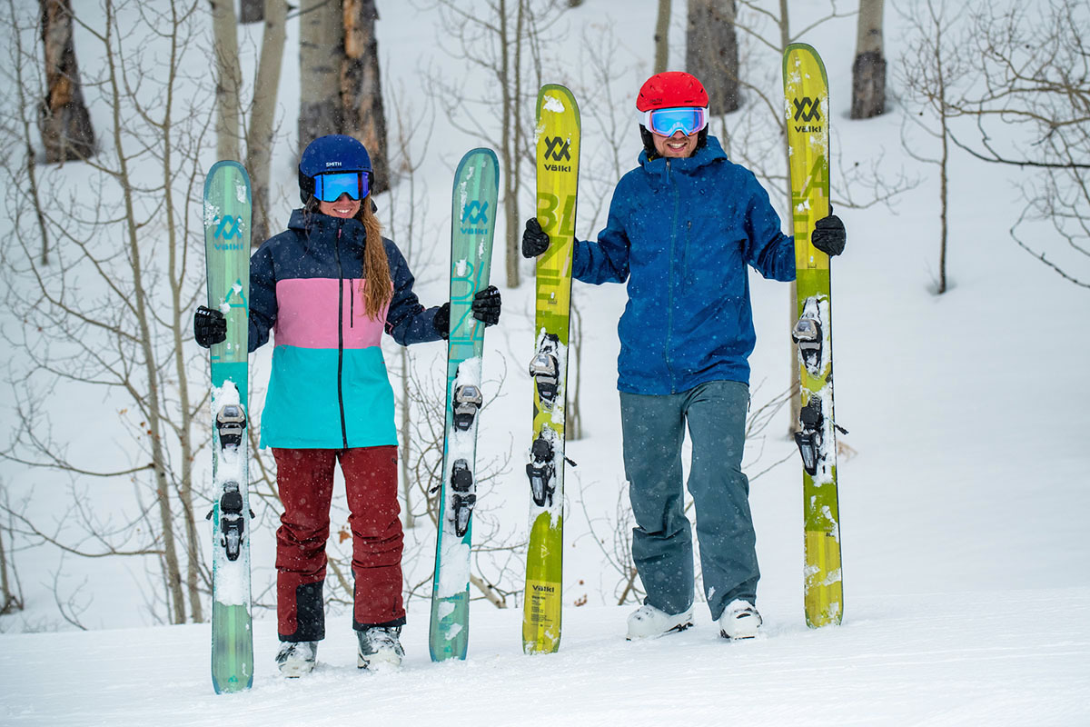 Intermediate skis (standing next to men's and women's Volkl Blaze)