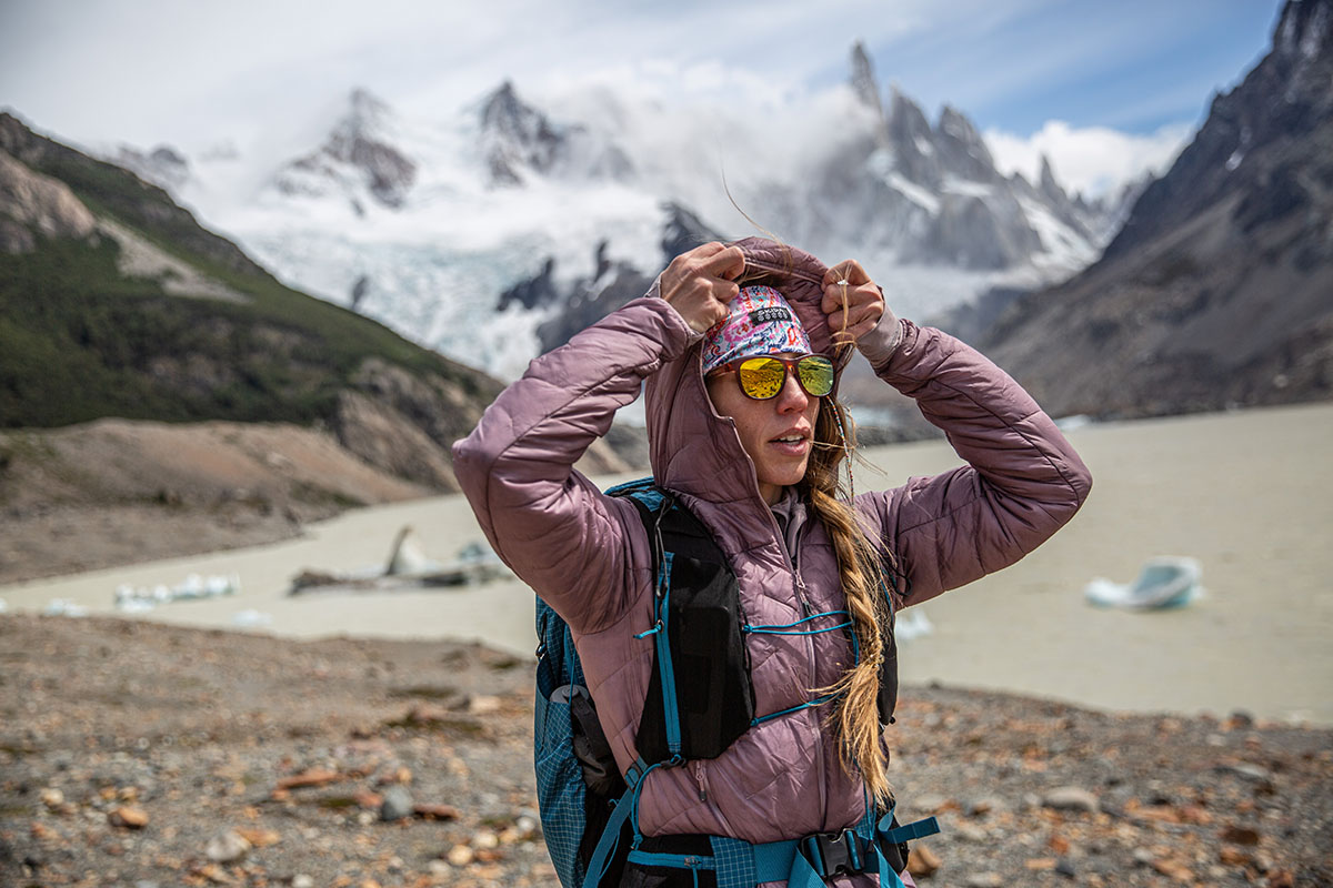 Outdoor Research SuperStrand LT Hoodie (putting on hood in Patagonia)