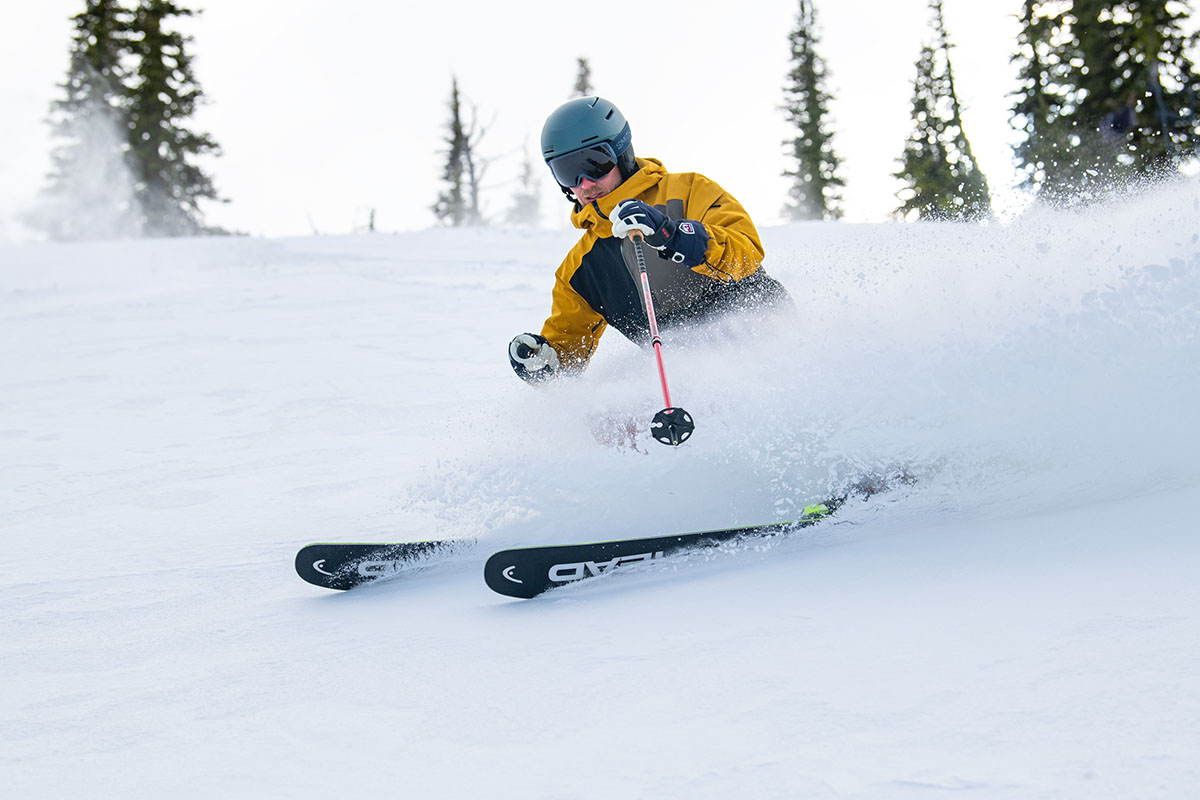 Powder skis (HEAD Kore plowing through powder at resort)