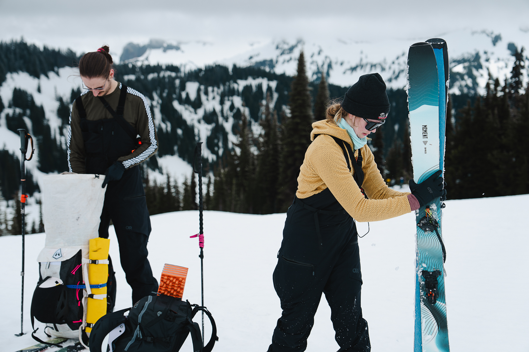 Ski bibs (men's and women's OR Skytour AscentShell)