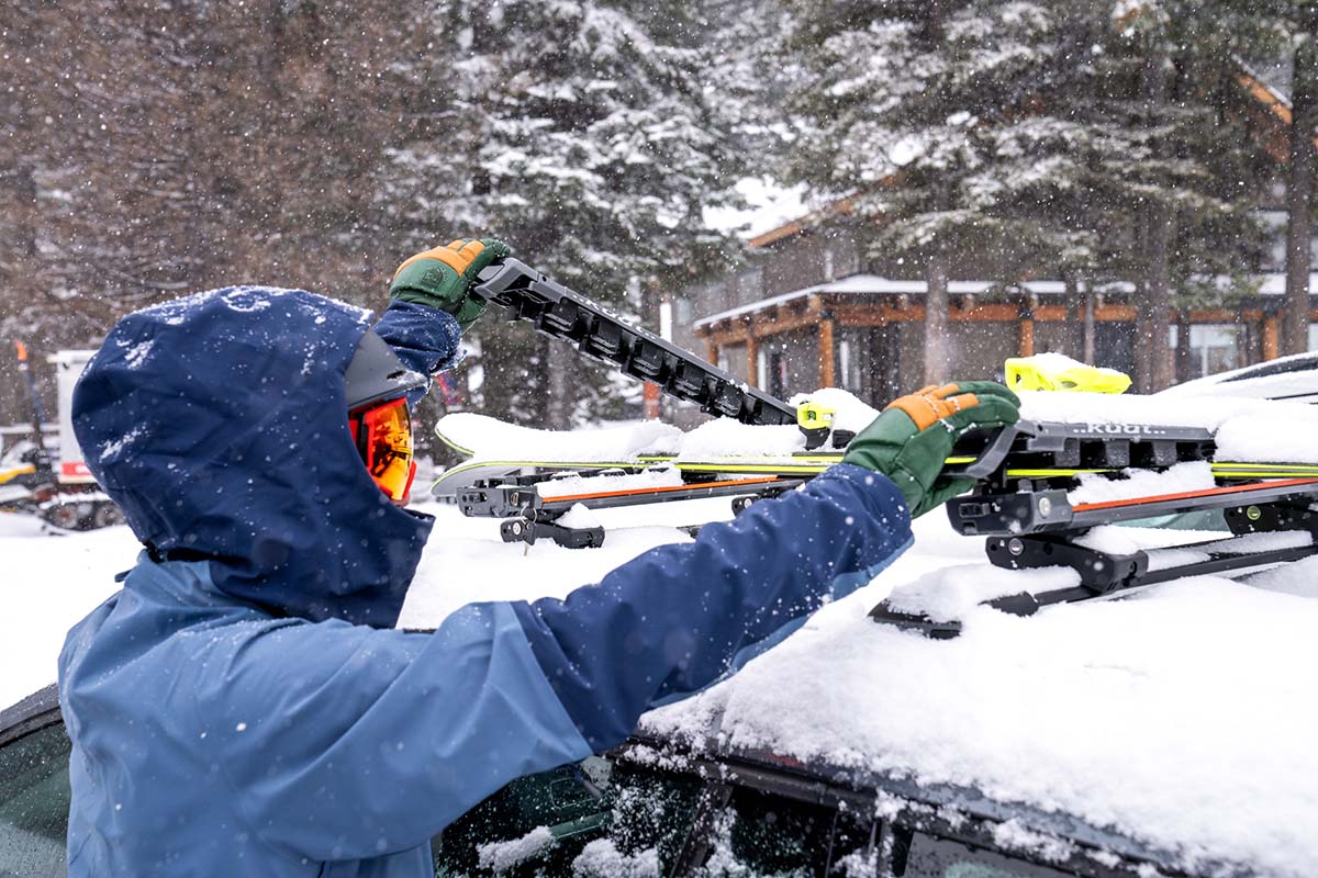 Hestra Fall Line ski gloves (adjusting ski rack on car)